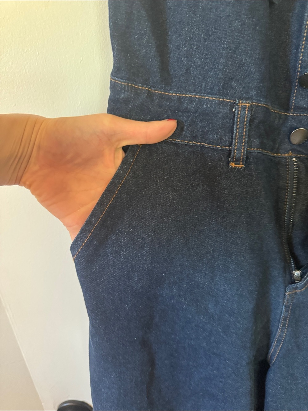 Women's Deep Indigo Denim Jumpsuit - Wide Leg - Picture 4 of 6